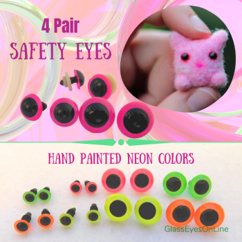 4 Pair Neon Hand Painted Safety Eyes for Sewing Crochet Needle Felting for Teddy Bears Dolls Piggy Bunny 