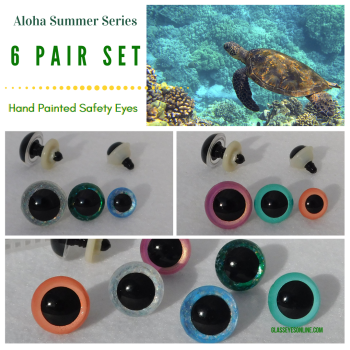 6 Pair Aloha Summer Series Hand Painted Safety Eyes inspired by Flora, Fauna, and Famous Locations on Hawaiian Islands.  Use in Amigurumi, Sewing, Crochet, Knitting, Needle Felting Projects. Gorgeous Eyes in Teddy Bears, Dolls, Puppets, Plush Animals, Fan