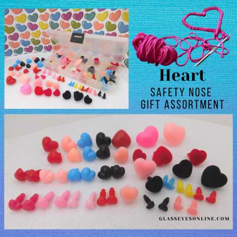 Plastic Heart Shape Safety Nose Button Eye Gift Assortment includes 46 heart noses and washers in a plastic storage case.
