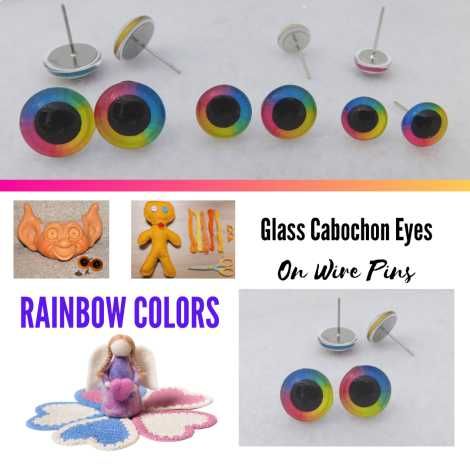 Glass Cabochon Eyes On Wire Pins Rainbow Colors for Polymer Clay, Sculpture, Carving, Needle Felting, Jewelry Design,  Puppet Makers, Arts, Troll Dolls & Crafts