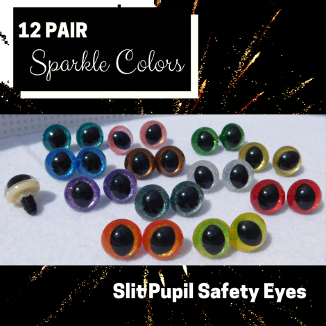 Safety Eyes 12 Pair Set of Cat Eyes For Sewing Crochet Amigurumi Felting Knitting Arts Crafts to Make Dragons, Cats, Frogs, Lizards, plush animals, Puppets,Mermaids, fairies, fantasy creatures and monsters. Sparkle Glitter Hand Painted