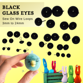 1 PAIRS BLACK GLASS EYES with Eyelet 7 MM 